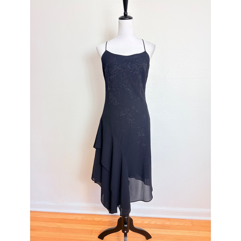 Y2K Vintage Black Chiffon Beaded Asymmetrical Sleeveless Midi Dress Size XL Chic